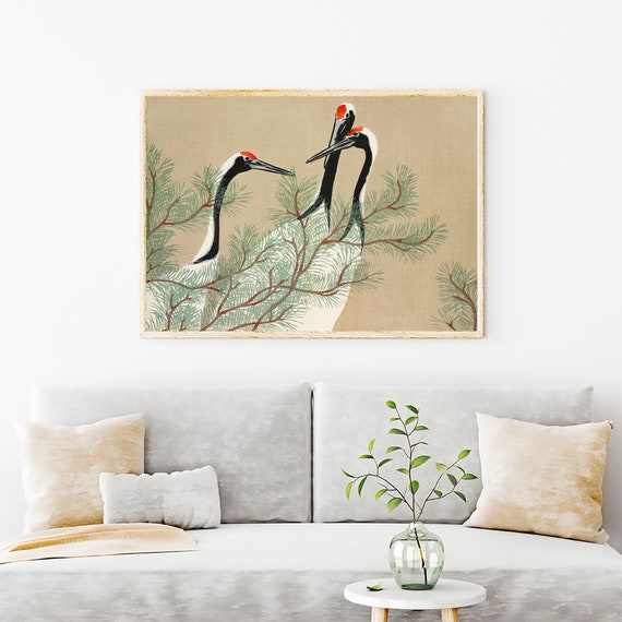 Japanese Art Wall Decor, Kamisaka Sekka Woodblock Painting Print, Japanese Cranes Prints, Cranes from Momoyogusa, Graphic Wall Art Prints