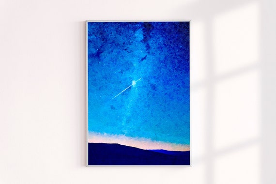 Blue Night Sky Stars Painting Print, Modern Landscape Wall Decor, Watercolor Painting Prints, Painting Achival Art Print, Gallery Wall Decor