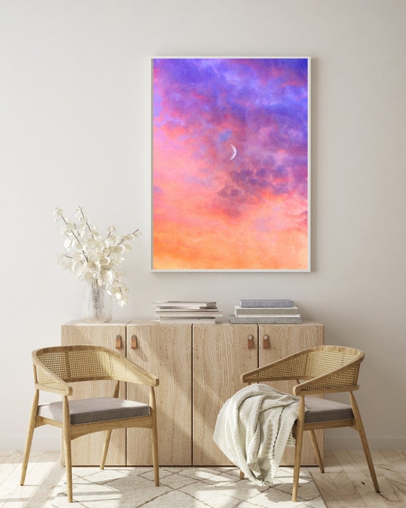 Sunset Painting, Moon Watercolor Print, Modern Pink Wall Decor, Sunset Moon Pink Blue Sky Painting Achival Art Print, Gallery Wall Decor