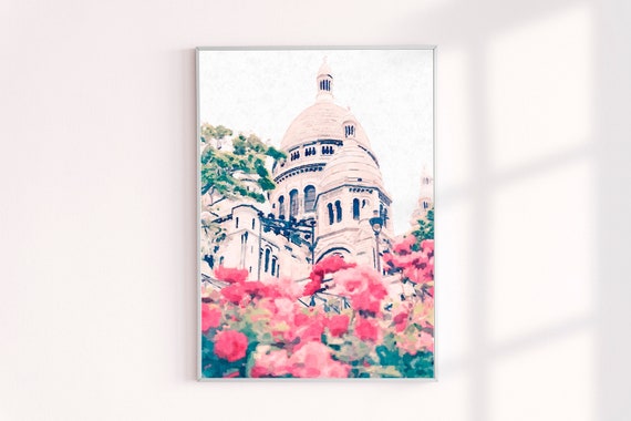 Paris Painting Print, Paris Wall Art, Sacre Coeur Travel Prints, Paris Flowers Photograph Wall Decor, France Painting