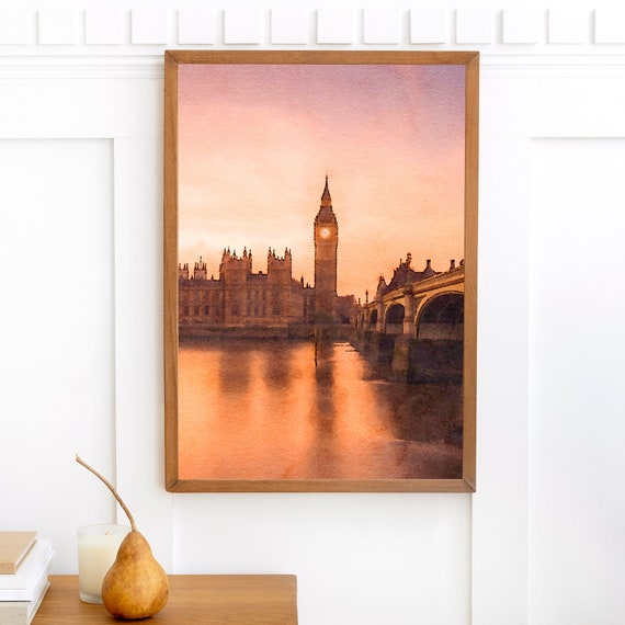 Sunset Watercolor Archival Print, Thames River Painting Print Art, Houses of Parliament Big Ben Print, London Painting Prints