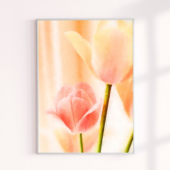 Peach Tulips Painting Print, Spring Floral Wall Decor, Flowers Home Decor Art Print, Florals Watercolor Modern Wall Art, Gifts