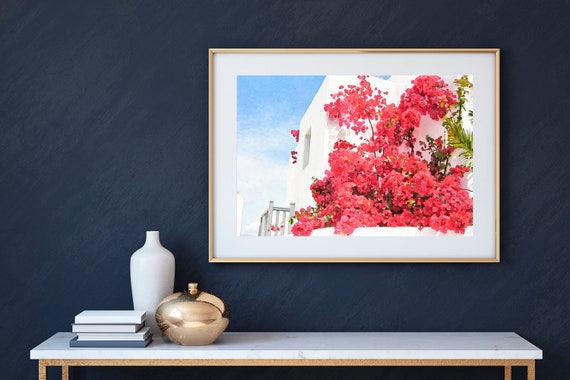 Greece Coastal Bougainvillea Wall Decor, Mykonos Watercolor Painting Prints, Greek Islands Watercolor Art Print, Gallery Wall Decor Gifts