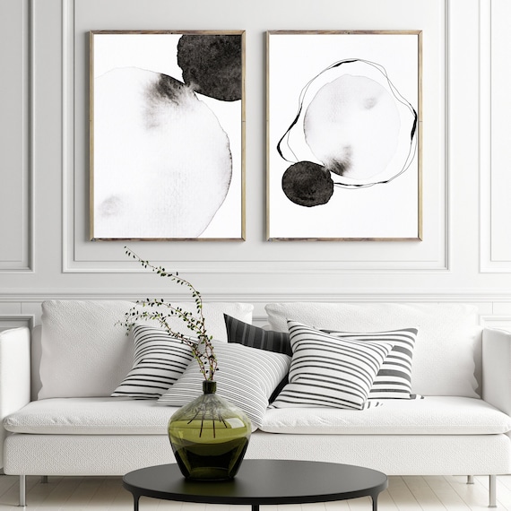 Minimalist Art Organic Shapes, Abstract Minimal Black and White Wall Decor Art, Diptych Black and White Watercolor Painting Prints Art