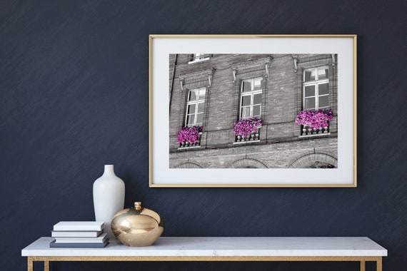 South of France Black and White Photograph, Brick Building Pink Flowers Wall Art Photography, South of France Photos, Cote d'Azur Wall Decor