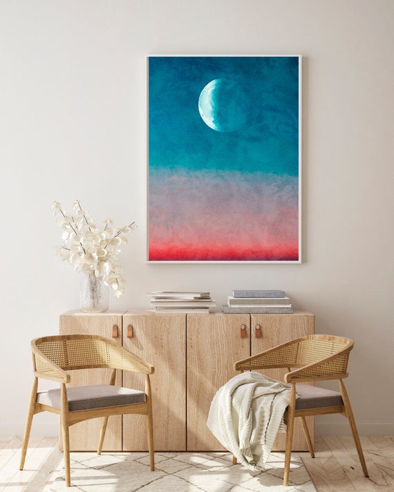 Moon Sunset Watercolor Painting Print, Modern Landscape Wall Decor, Sunset Moon Pink Blue Sky Painting Achival Art Print, Gallery Wall Decor