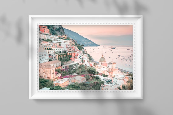 Positano Italy Poster Sunrise Wall Art – Coastal Italy Photography Print in Soft Pastels, Amalfi Coast Travel Decor for Home or Office