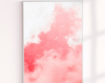 Pintura em aquarela com céu rosa e lua, decoração de parede com paisagem moderna, pintura de lua crescente e nuvens, arte impressa, decoração de parede para galeria