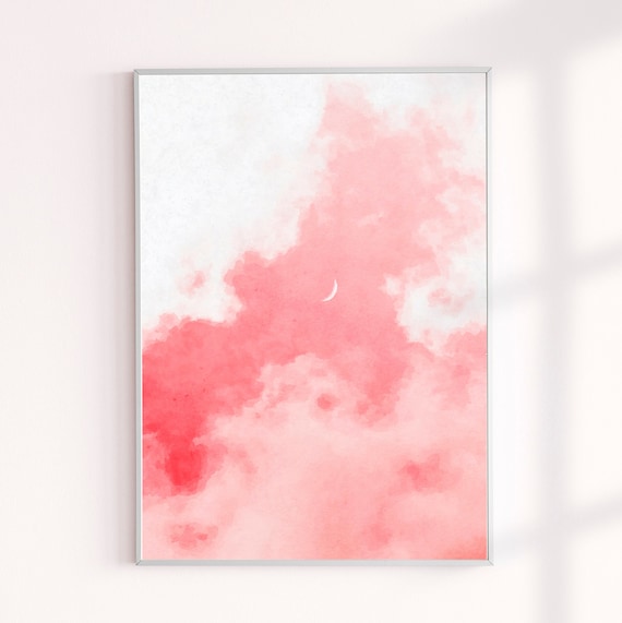 Pink Sky Moon Watercolor Painting Print, Modern Landscape Wall Decor, Crescent Moon Clouds Painting Achival Art Print, Gallery Wall Decor