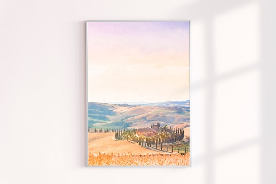 Tuscany Print, Italy Wall Art Painting Print Rolling Hills of Tuscany, Travel Modern Decor Art Prints, Italy Landscape Watercolor Painting