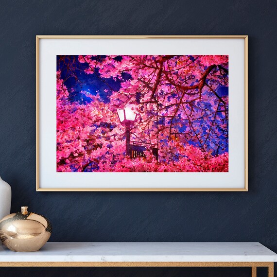 Floral Wall Decor, Night Light Pink Cherry Blossoms Painting Print, Parisian Home Decor Art Print, Flowers Watercolor Modern Wall Art, Gifts