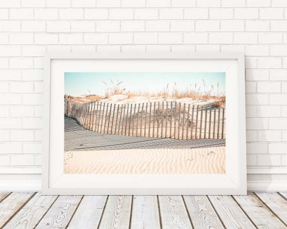 Hamptons Fence Pale Beach Tones Sand Dunes Archival Photograph, East Coast Modern Decor Art Prints Photography, Hamptons Beach