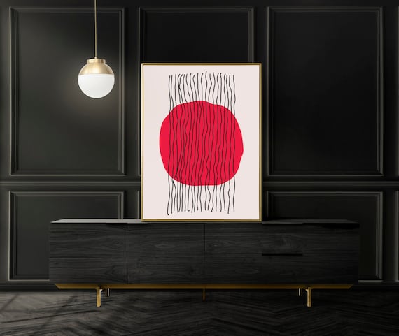 Mid Century Modern Abstract Wall Art with Red Circle and Vertical Parallel Lines Drawing Ink Print