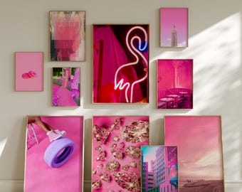 Wall Collage Kit - Hot Deep Pink Aesthetic VSCO Wall Decor Collage Kit - Chic Matte Prints Mailed to You Tezza Pink Wall Kit Room Decor