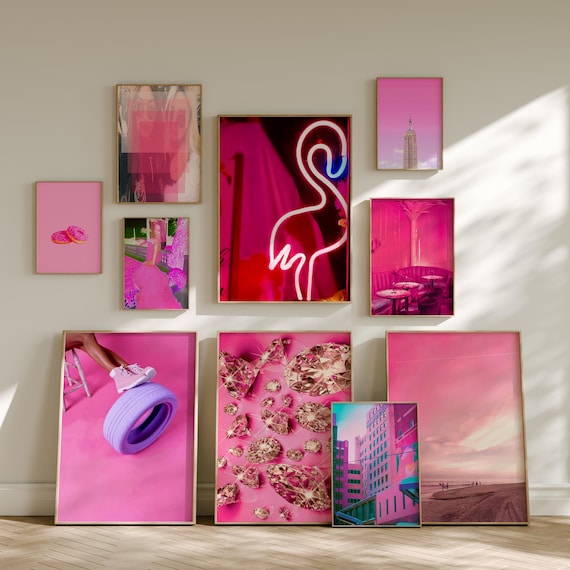 Wall Collage Kit - Hot Deep Pink Aesthetic VSCO Wall Decor Collage Kit - Chic Matte Prints Mailed to You Tezza Pink Wall Kit Room Decor