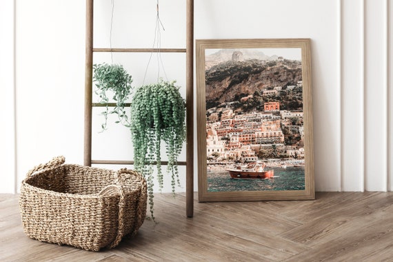 Italy Travel Photography Modern Decor Print, Positano Classic Boat Amalfi Coast Wall Art Photograph, Italian Coastal Water Photography Art