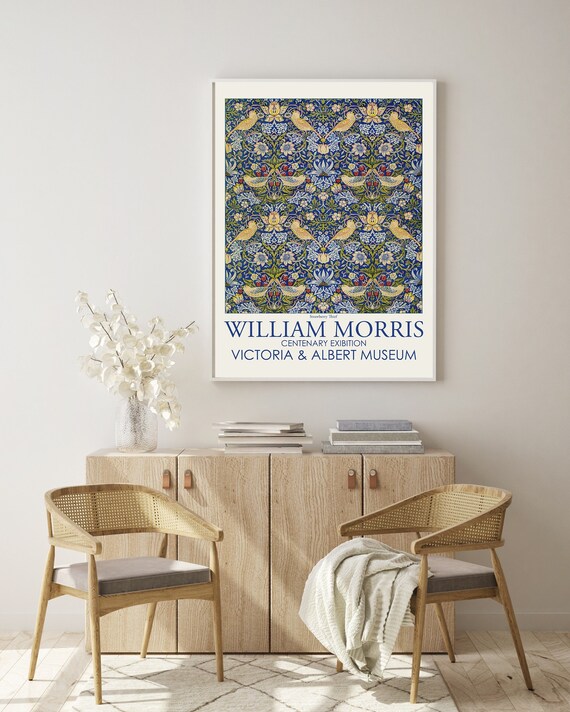 William Morris Strawberry Thief Archival Art Print Exhibition Poster Wall Decor, Bird and Floral Pattern Arts Giclee Prints Vintage Design