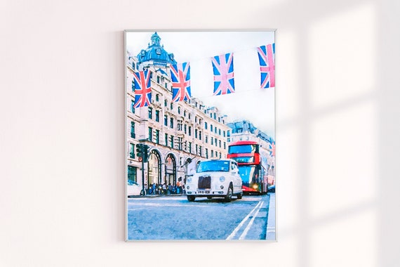 Great Britain, London Painting, UK Flags Watercolor Archival Print, London Art, London Taxi Photo Painting Print, London Painting Prints