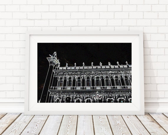 San Marco Plaza Art Black and White Classic Modern Wall Decor Print, Venice Italy Graphic Art Image