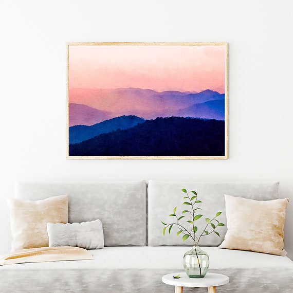 Pink Sky Sunset Hills Watercolor Painting Print, Modern Landscape Wall Decor, Sunset Haze Painting Achival Art Print, Gallery Wall Decor