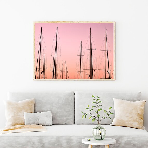 Pink Sky Sunset Sailboats Art Photography Print, Pastel Tones Photography, Modern Wall Decor, Minimalist Photography Prints, Gifts