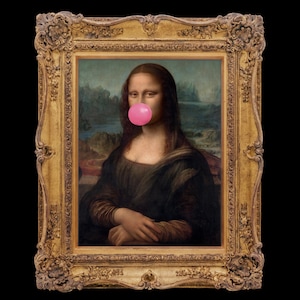 May include: A painting of the Mona Lisa in a gold frame. The Mona Lisa is wearing a dark dress and has a pink bubble gum in her mouth.
