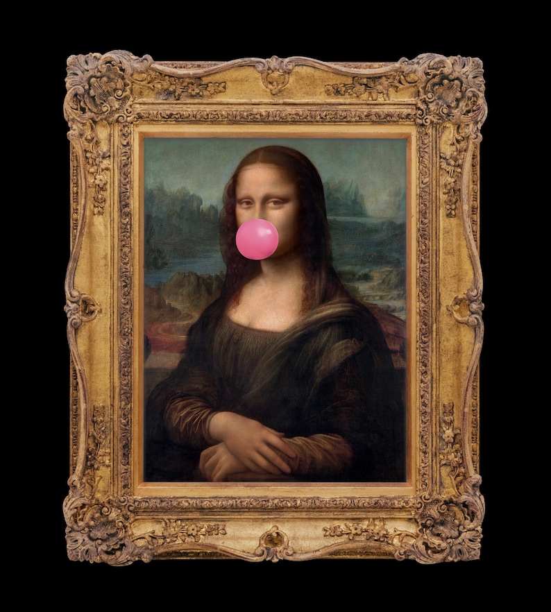 May include: A painting of the Mona Lisa in a gold frame. The Mona Lisa is wearing a dark dress and has a pink bubble gum in her mouth.