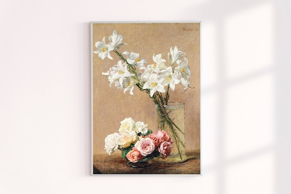 Classic Art Archival Print, Still Life Wall Decor, Henri Fantin-Latour Roses and  Lilies, Floral Painting Giclee Prints Vintage Design