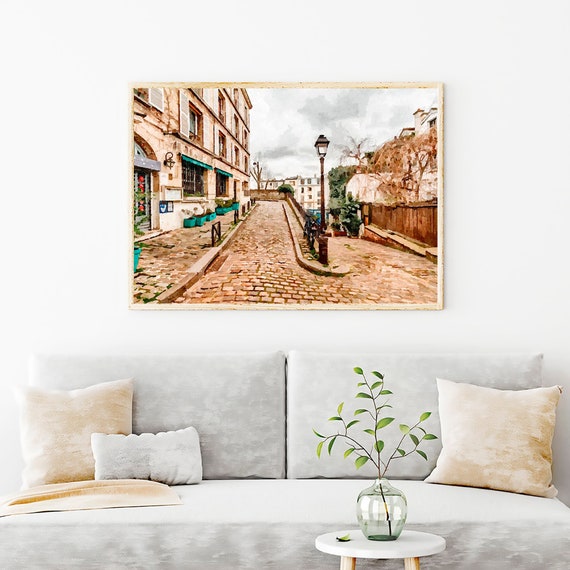 Paris Watercolor, Paris Montmartre Wall Art, Paris Painting Print, Modern Decor Art Prints, Paris Photography, Paris Cobblestone Road