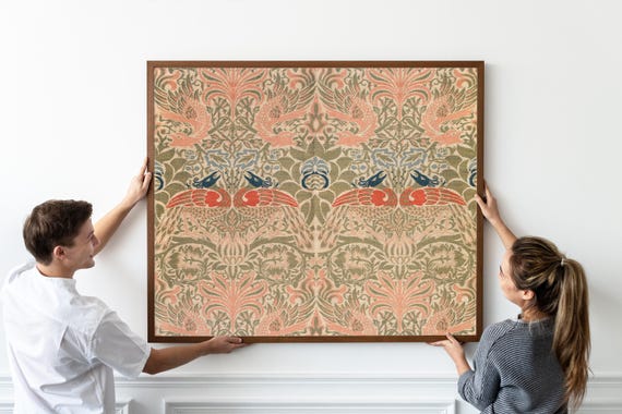 Framed Canvas Wall Art Peacock and Dragon William Morris Canvas Print on Real Wood Floating Frame Minimalist Modern Boho Wall Art Decor