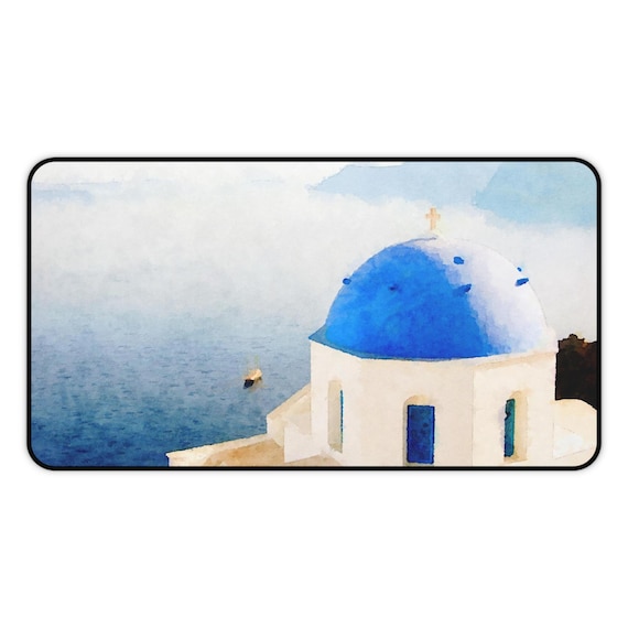 Santorini Greece Church Watercolor Desk Mat Pad Extra Large Mousepad with Multifunctional Uses for Office or Dorm Decor - Crab Painting