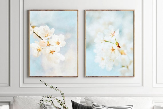 Modern Diptych Wall Art Set, White Cherry Blossom Painting Prints, Floral Photography Paintings, Nature Wall Decor, Two Art Prints