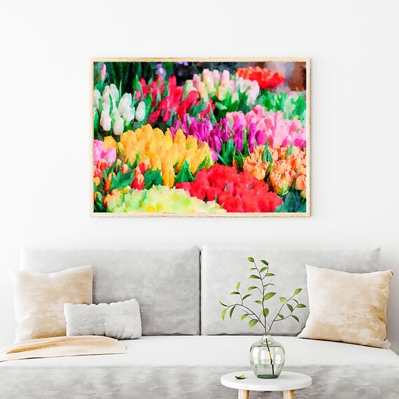 Flower Market Print, Spring Colors Tulips Landscape Painting Print, Flowers Home Decor Art Print, Florals Watercolor Modern Wall Art, Gifts