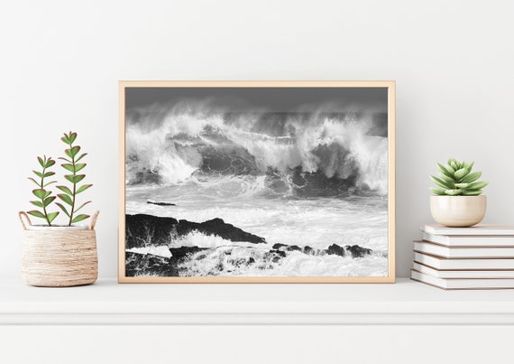 Minimalist Wall Art Photo, Black White Ocean Waves Spray, Neutral White Grey Tones Photograph, Coastal Modern Decor Art Prints Photography