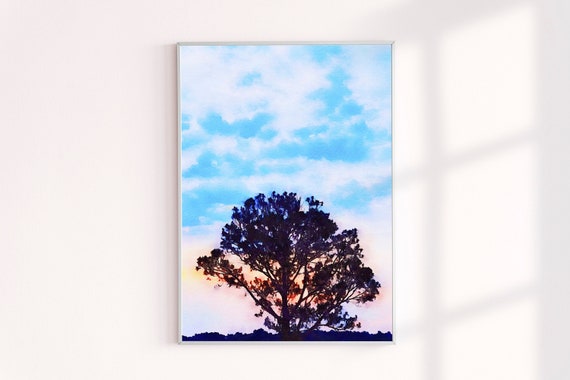 Tree Silhouette Watercolor Print, Modern Farmhouse Landscape Wall Decor, Tree Pink Blue Sky Painting Achival Art Print, Gallery Wall Decor