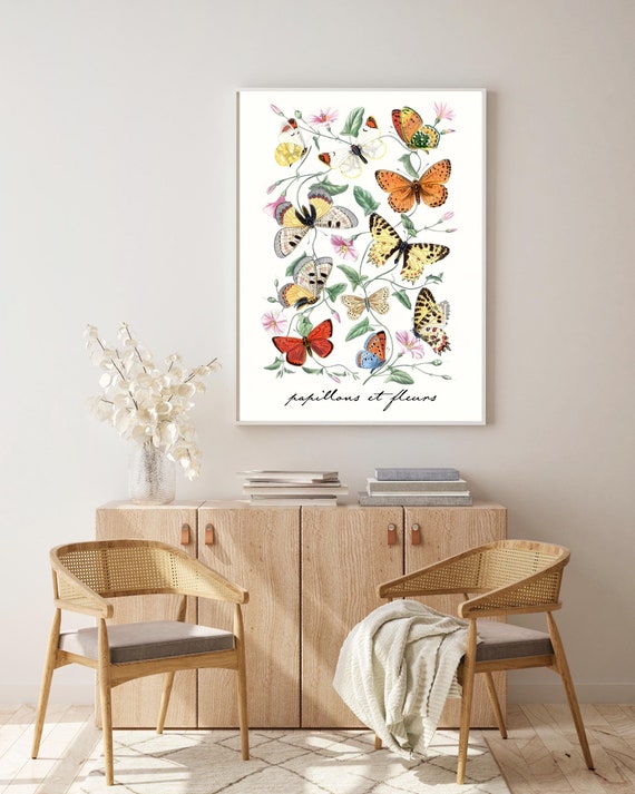 Vintage French Butterflies Wall Art Poster Print, Butterfly Large Format Posters, Parisian Home Decor Art Print, Modern French Style