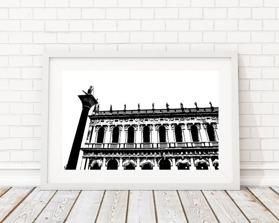 Venice Black White Drawing Print, Italy San Marco Plaza Doge Palace Classic Digital Art Graphic Print, Venice Italy Photography Print