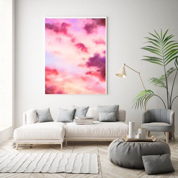 Pink Sky Sunset Painting, Contemporary Large Format Art Painting on Canvas, Modern Wall Decor, Ocean Sunrise Water Art Gifts