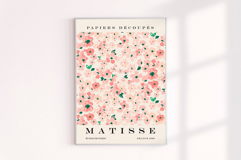 May include: A framed print of a floral design with pink flowers and green leaves on a white background. The text "PAPIERS D&Eacute;COUP&Eacute;S" is at the top of the print, and the text "MATISSE" is at the bottom. The text "&Eacute;COLE DE PARIS" and "FRANCE 1900" are also at the bottom of the print.