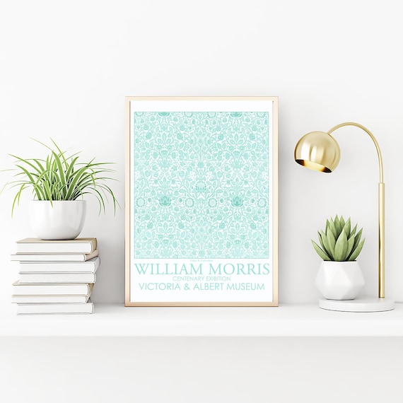 William Morris  Floral Pattern Archival Wall Art Print, Pastel Teal Colors Modern Vintage Wall Decor, Giclee Prints Antique Design Poster