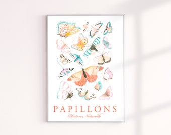 Vintage Butterfly Wall Art Print – French Botanical Poster – Peach or White Background – Printable or Archival Paper