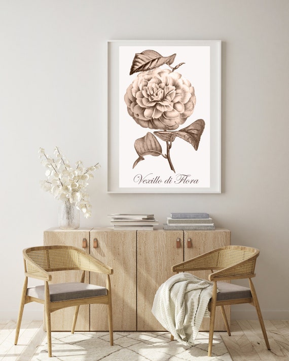 Vexillo di Flora Japenese Camellia Vintage Design Poster Art Archival Print, Antique Style Neutral Arts Nature Prints