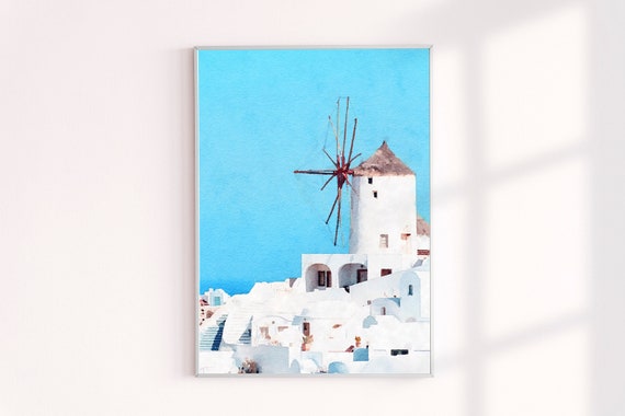 Coastal Wall Decor, Santorini Greece Windmill Watercolor Painting Prints, Achival Art Print, Gallery Wall Decor, Giclee Prints Vintage