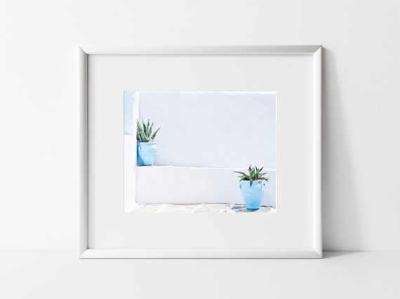 White Wall Art, Minimalist Art Prints, Modern Wall Decor Prints, Greece Architecture Prints, Neutral White Wall with Plants Painting Print