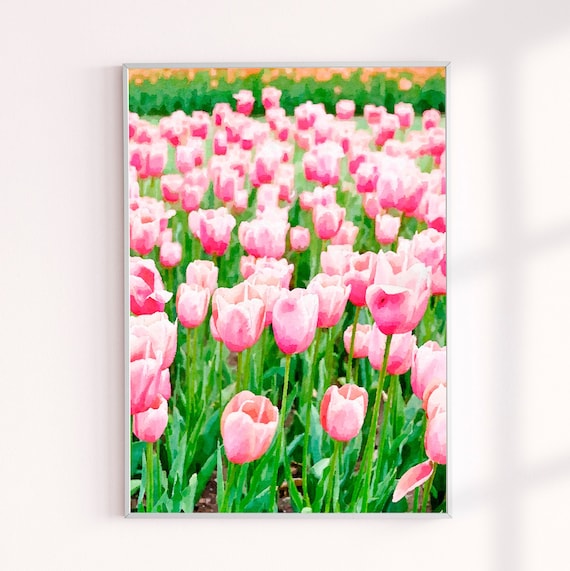 Pink Tulips Field Painting Print, Spring Floral Wall Decor, Flowers Home Decor Art Print, Florals Watercolor Modern Wall Art, Gifts