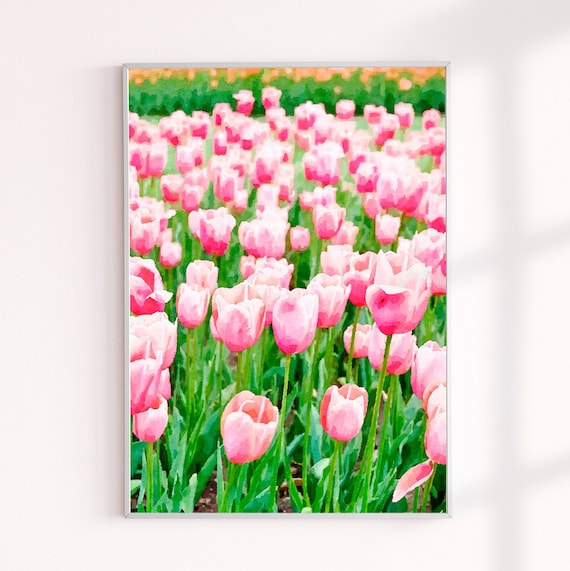 Pink Tulips Field Painting Print, Spring Floral Wall Decor, Flowers Home Decor Art Print, Florals Watercolor Modern Wall Art, Gifts