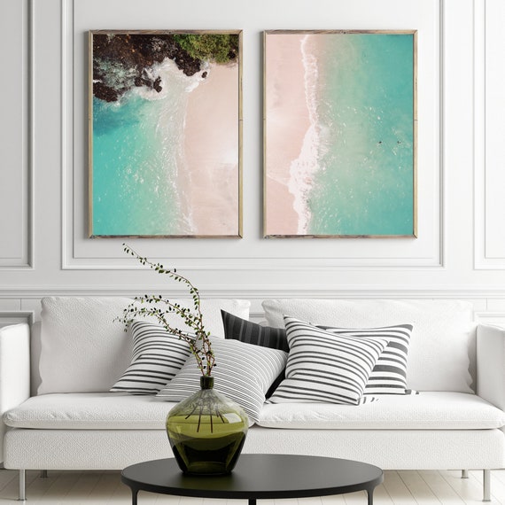 Coastal Wall Art Diptych Set of 2 Aqua Sea Prints, Tropical Island Beach Prints, Nature Wall Decor, 2 Ocean Rocks Photography Prints