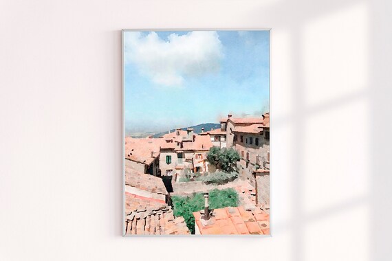 Italy Rooftops Wall Art Print, Cortona Rooftops Painting, Tuscany Travel Photography Art Prints, Tuscan Landscape, Gifts Art Prints