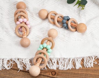 Personalized Baby Rattle for Babies,Engraved Wooden Rattle Ring for Newborn Gift,Baby Shower Gift,Gift for Nephew Niece