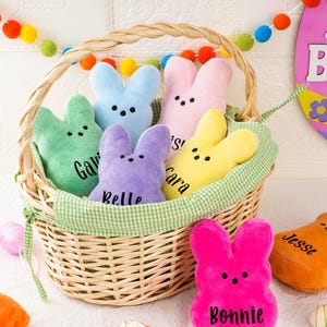 Könnte beinhalten: Ein Weidenkorb gefüllt mit bunten Plüschtieren in Form von Hasen. Jeder Hase hat einen anderen Namen bestickt: Gavin, Belle, Cara, Bonnie und Jesse.